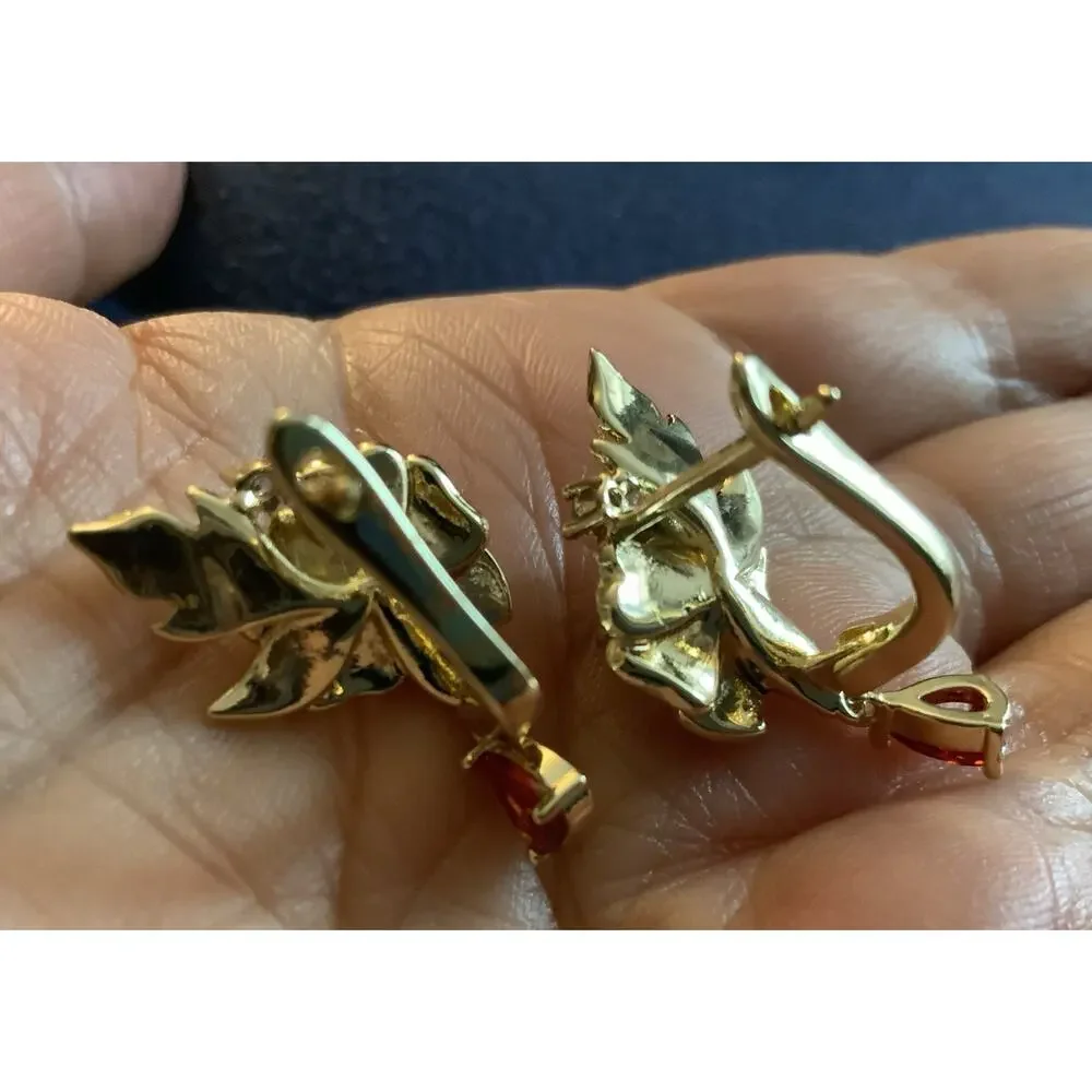 Flower Earrings Gold CZ VTG Leaf French Retro Boho Teardrop Designer Statement
